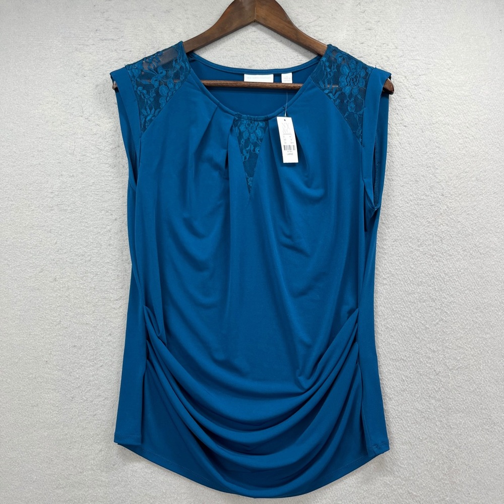 New York & Company Blouse Womens‎ L Teal Lace Ruched Sleeveless Dressy Tunic NWT